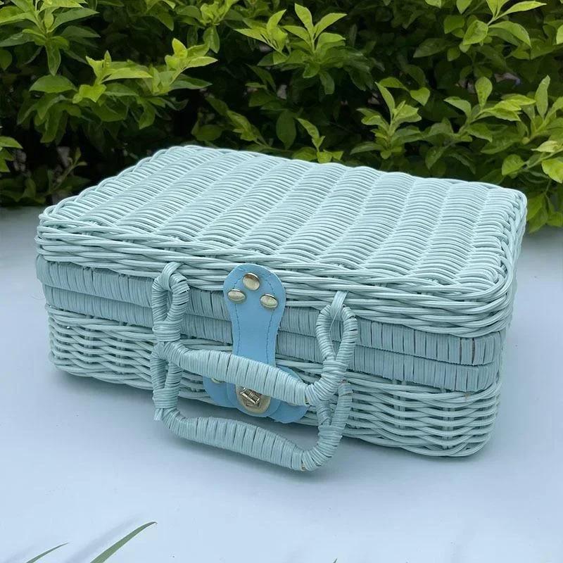 Rattan-like Finishing Box Woven Rattan Basket Retro Storage Box Decorative Props Suitcase with Hand Gift Box