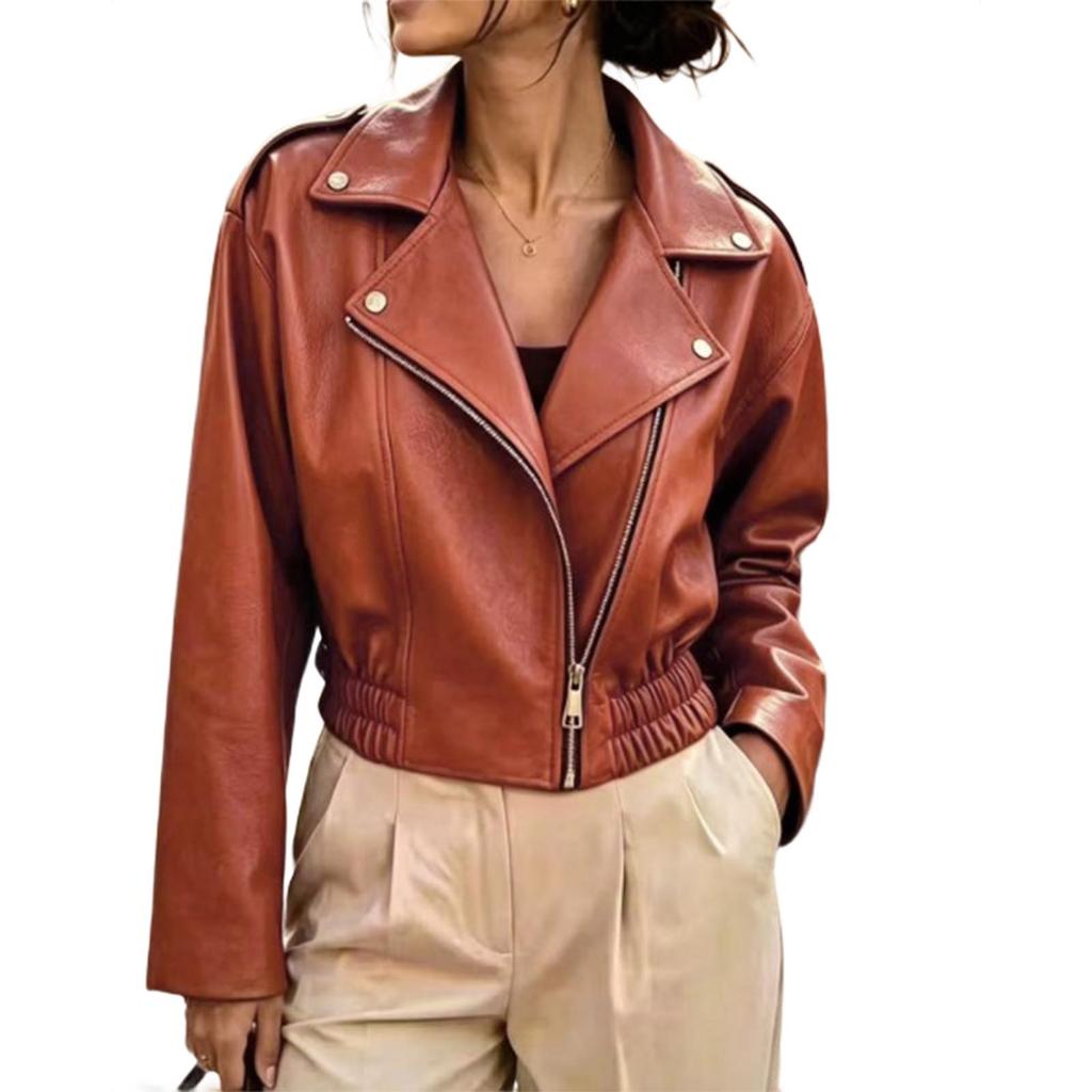 Women's Casual Short Leather Jacket with Lapel Collar and Zip Front for Daily Wear