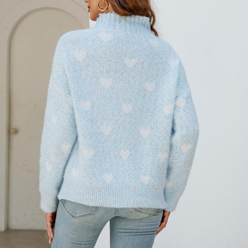 Women's Fashion Chenille Love Sweater Autumn And Winter Half Turtleneck Loose Knitted Sweater