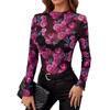 Autumn and Winter Women's Elegant Fashion Floral Printing Small Standing Collar Mesh Wooden Ear T-shirt