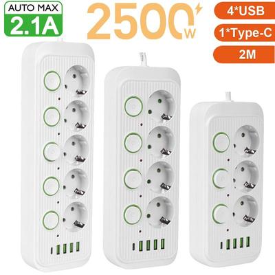 Ue plug multi tomada power strip com portas usb tipo c 2m cabo extensor tomada de controle independente filtro rede ac elétrica
