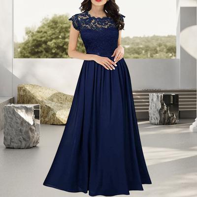 Damen Spitzen-Maxikleid mit Rundhalsausschnitt, plissiert, Swing-A-Linien-Kleid, langes Kleid für die Brautmutter für Hochzeitsfeier