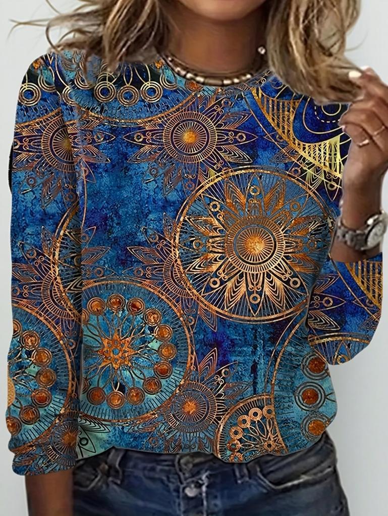 Women's T-Shirts Spring Autumn Bohemian Style Fashion Casual Vintage Pattern Female Long Sleeve T-Shirt Loose Womens Clothing