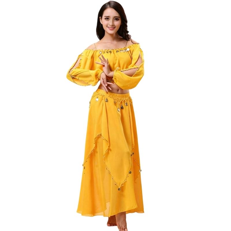 Set Costume Danza del Ventre a Maniche Lunghe da 2 Pezzi per Donne Tessuto Morbido in Chiffon Outfit da Ballo Outfit per Esibizioni Professionali