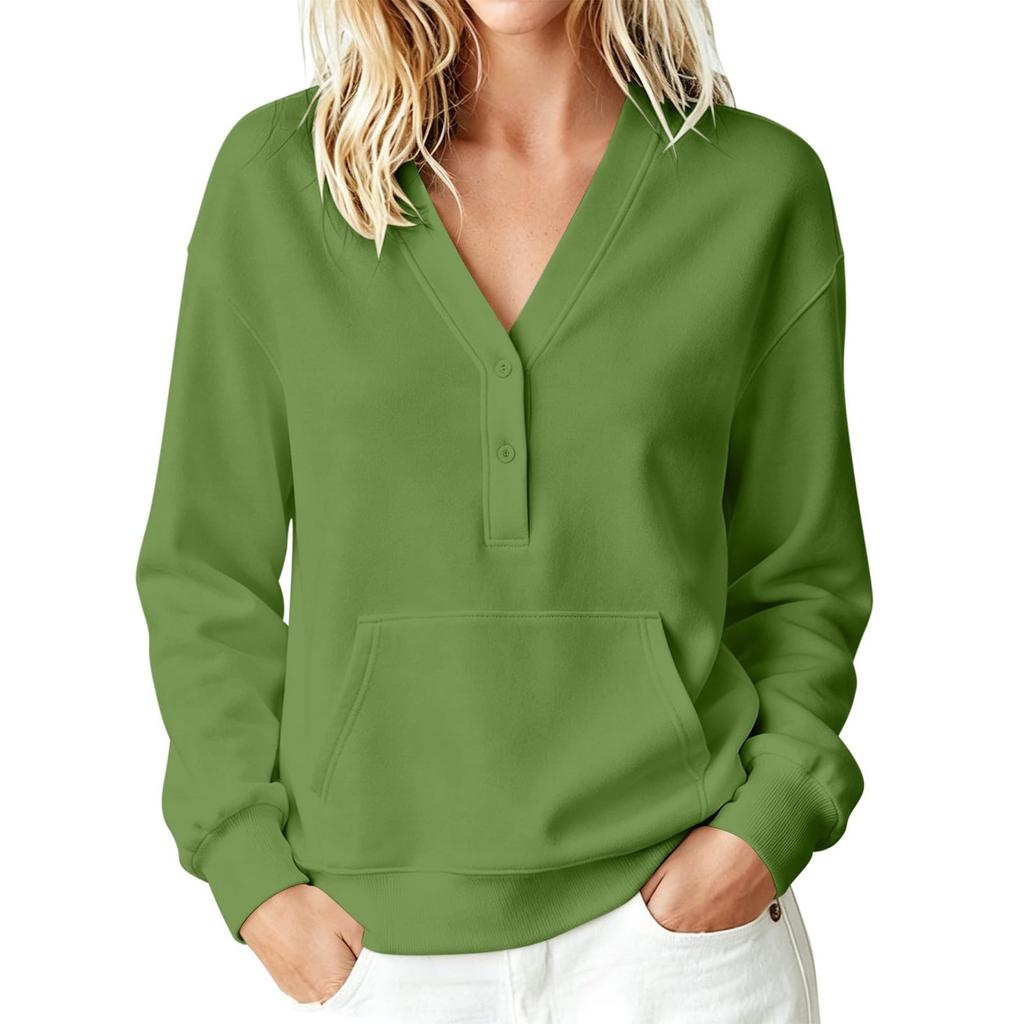 Women's Casual V Neck Pullover Sweatshirt Long Sleeve Buttoned Top with Front Pocket Lightweight Comfortable Fit