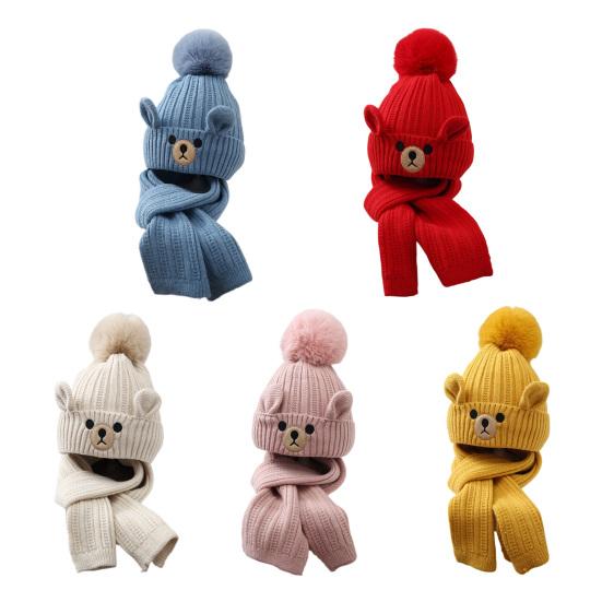 2Pcs/Set Children Hat Scarf Set Plush Ball Decor Bear Pattern Thickened Soft Touch Windproof Kids Knitting Hat Long Scarf Set