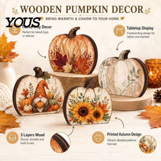 Floral Sunflower Pumpkin Decor Thanksgiving Fall Table Decoration, Rustic Block Wooden Sign, Autumn Vintage Signs Farmhouse Tabletop Centerpiece