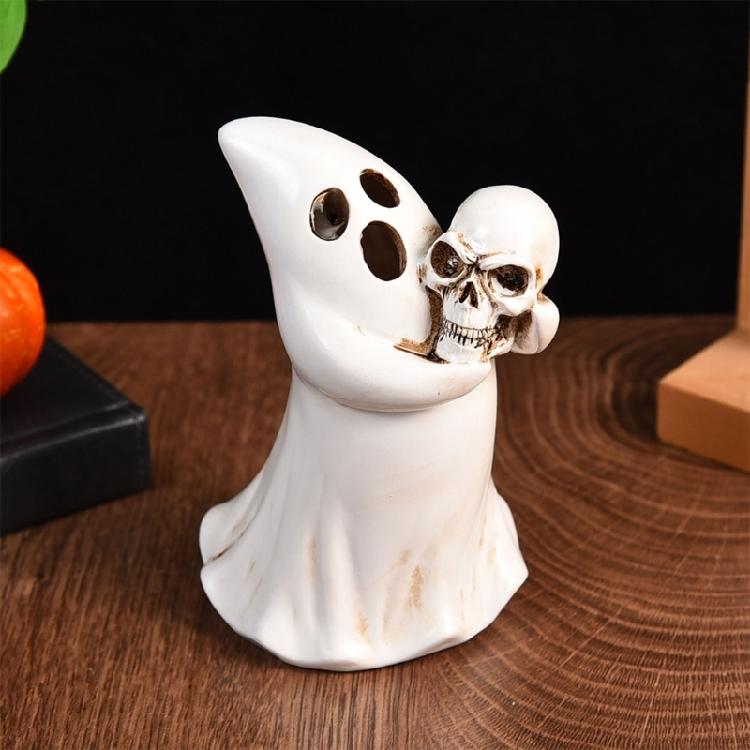 Eerie Halloween Figurine Depicting a Spirit Cradling a Skull, White Decoration with Antiqued Brown Features for Parties and Bar Displays
