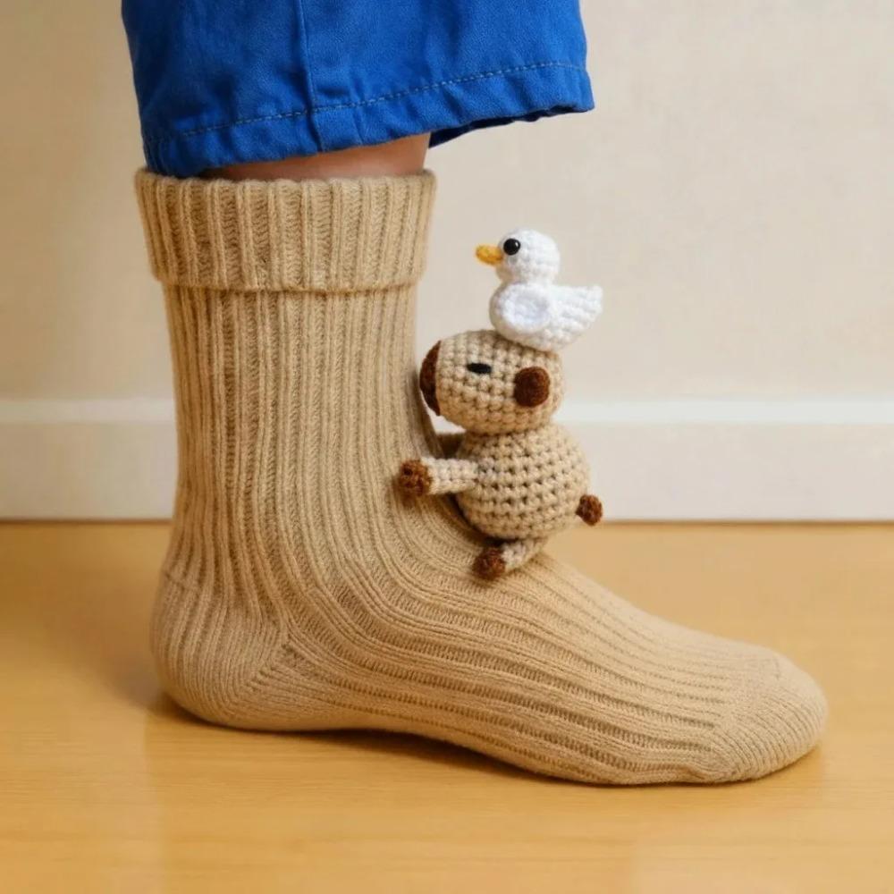 New 3D Knit Animal Socks Double Layer Warm Funny Socks Hand Crocheted Breathable Middle Tube Socks Christmas Gifts Legs Warme