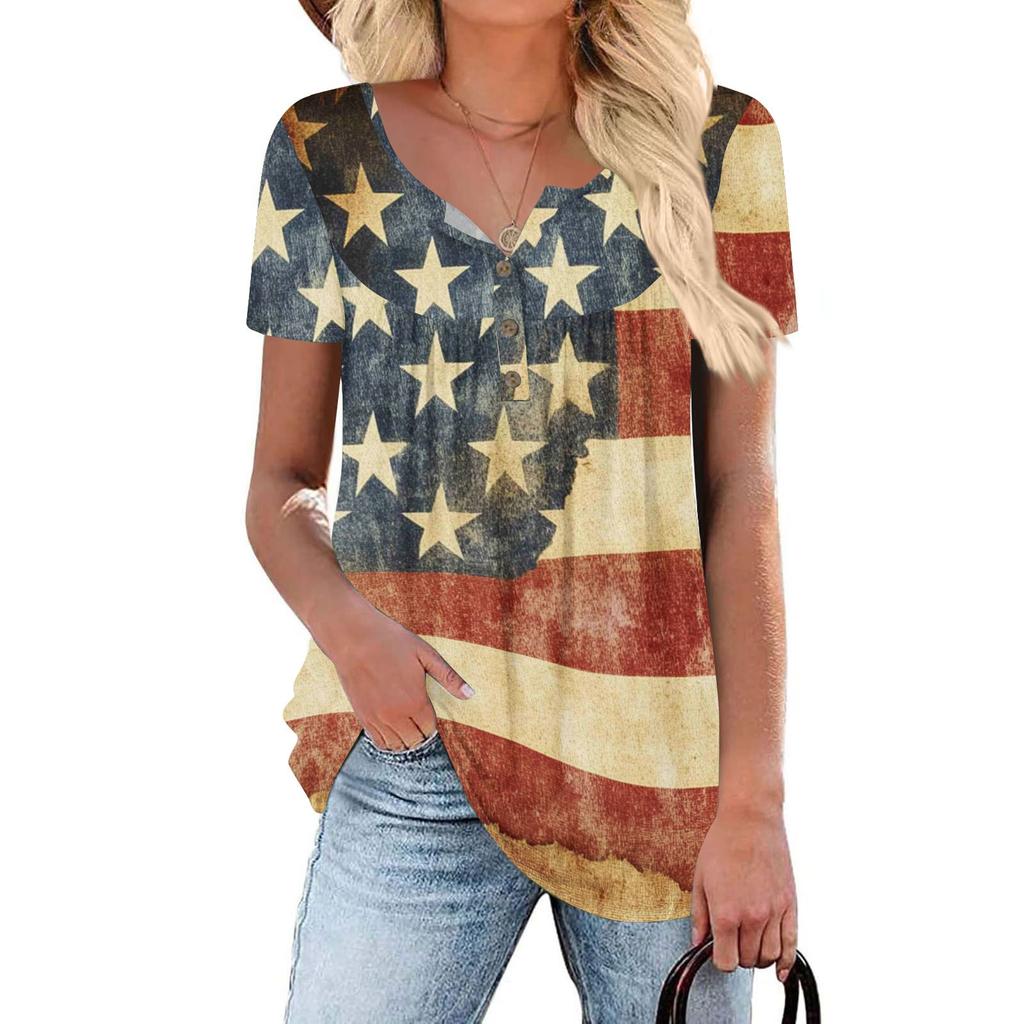 Women Tunic Tops Dressy Casual Summer Short Sleeve Shirts Loose Fit Pleated Boho Top Independence Day