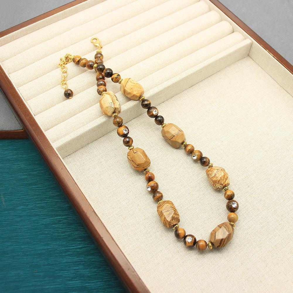 Natural Tiger'S Eye Stone Picture Stone Crystal Stone Necklace Round Bead Inlaid Rhinestone Stud Earrings Light Luxury Stud Earrings