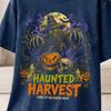 Haunted Harvest Scarecrow Halloween T-Shirt and Kids Tshirt, Spooky Skull Pumpkin Horror Movie Poster Style Goth Vintage Fall Graphic Tee