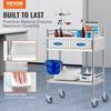 Lab Serving Cart, 2 Layers Stainless Steel Utility Rolling Cart, Medical Cart with Two Drawers, Dental Utility Cart with Lockable Wheels and A Bucket,