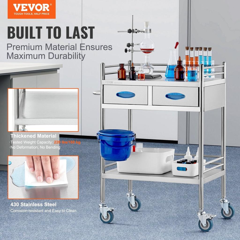 Lab Serving Cart, 2 Layers Stainless Steel Utility Rolling Cart, Medical Cart with Two Drawers, Dental Utility Cart with Lockable Wheels and A Bucket,