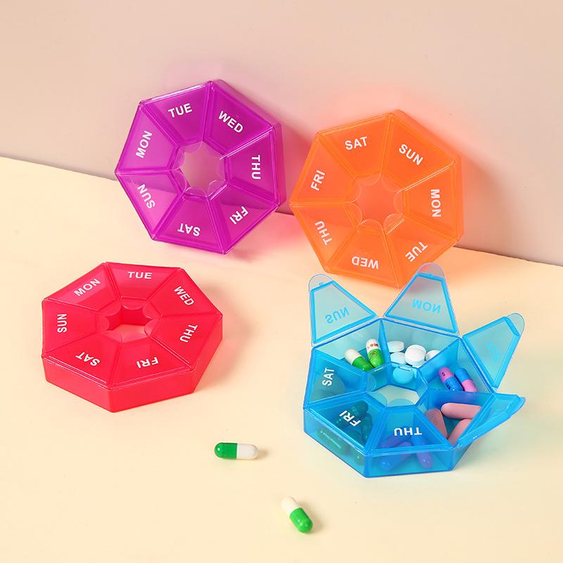 Compact Octagonal 7-Grid Transparent Pill Organizer - Dustproof, Portable, and Colorful