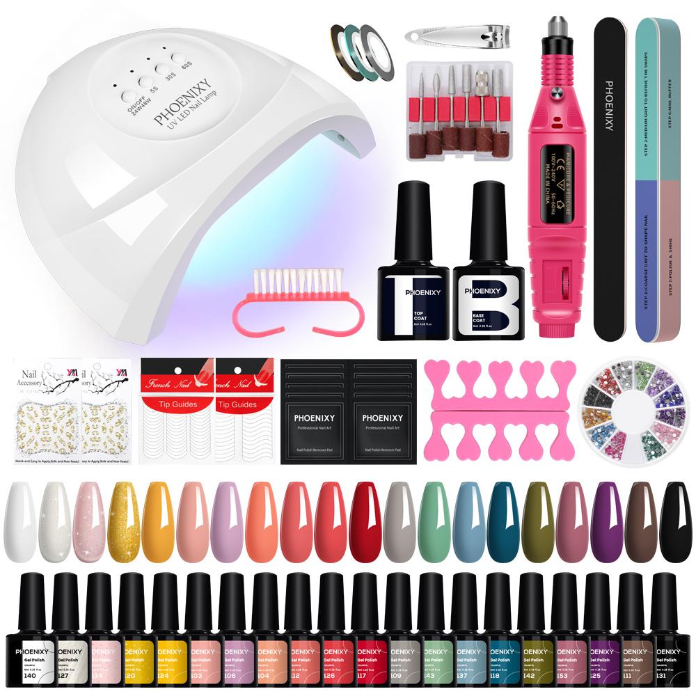 PHOENIXY Kit Complet de Instrumente pentru Nail Art 20 Buc Oje Gel cu Lampă UV LED de 48W Vopsea Gel UV Semipermanentă Design Nail Art Kit Manichiură