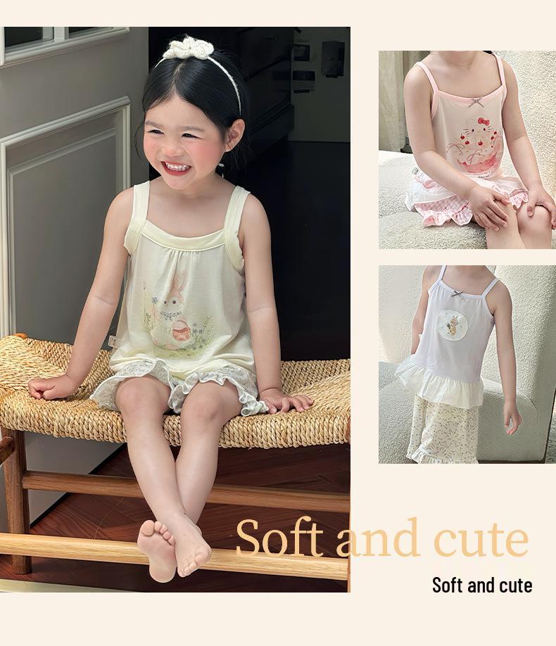 Class A Lyocell Girls' Little Fish Summer Pajamas – Soft, Breathable, Lightweight Camisole Homewear