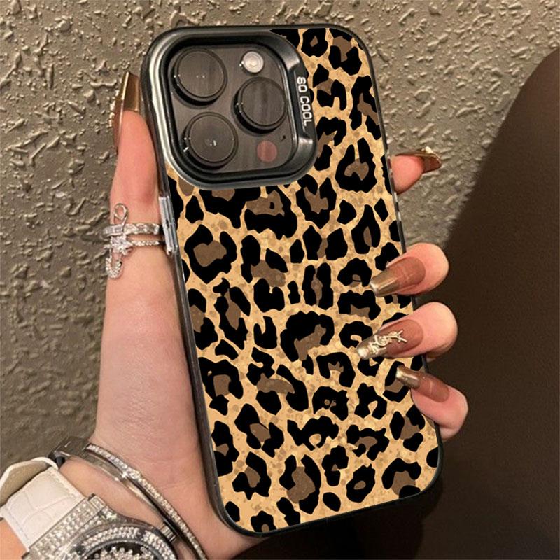 

Brown Leopard Anti-drop Armour Phone Case For iPhone 15 Pro Max 16 14 13 12 11 Pro X XR XS 7 Plus 16E Lens protect plating Cover For iPhone 14 Pro
