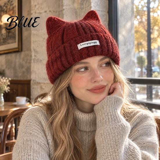 Casual Daily Headgear Cute Cat Ear Woolen Hat Soft Knitted Cap with Cuffed Gift for Her Brim Warm Elastic Headwear Winter Hat Autumn And Women