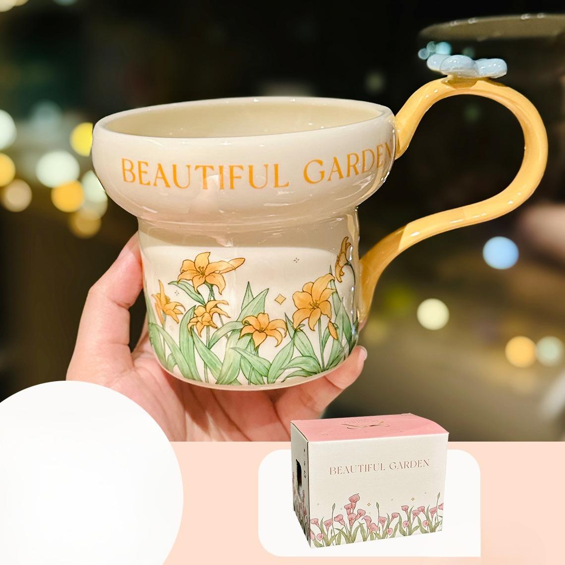 

Cute Flower Mug for Girls High Looking Ceramic Mug Creative Design Home Breakfast Milk Mug Souvenir 400ml
