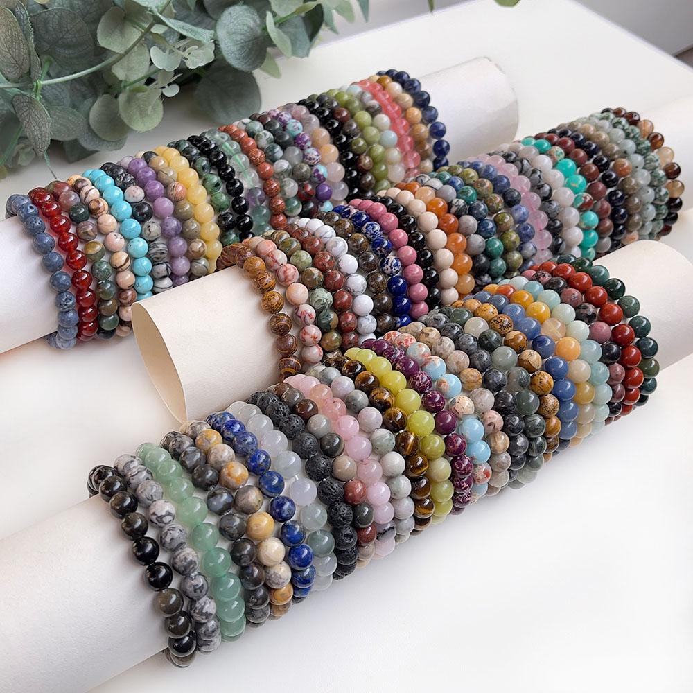 Natural Stone Beaded Bracelet 6-10mm Stretch Yoga Jewelry - Tiger Eye Turquoise Agate Jasper Healing Bangles for Women Men