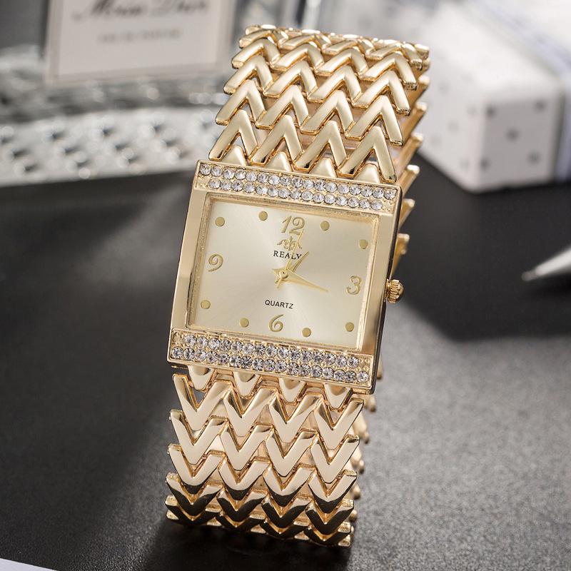 Women's 3D Texture Bracelet Watch with Wide Band & Double Row Czech Diamonds