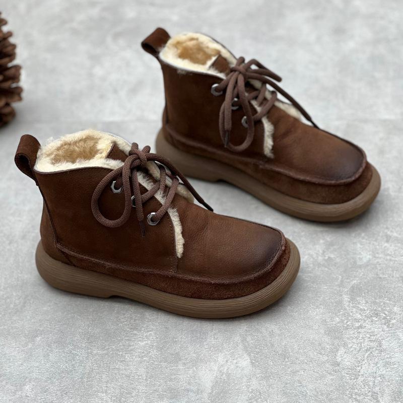 Johnature Cizme scurte din piele naturală de epocă Cizme de bumbac de damă din piele de vacă îngroșată, cu șireturi, cu vârf rotund