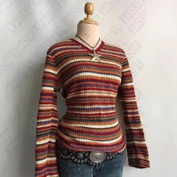 Harajuku Striped V-Neck Slim Fit Women's Sweater - Autumn/Winter Collection