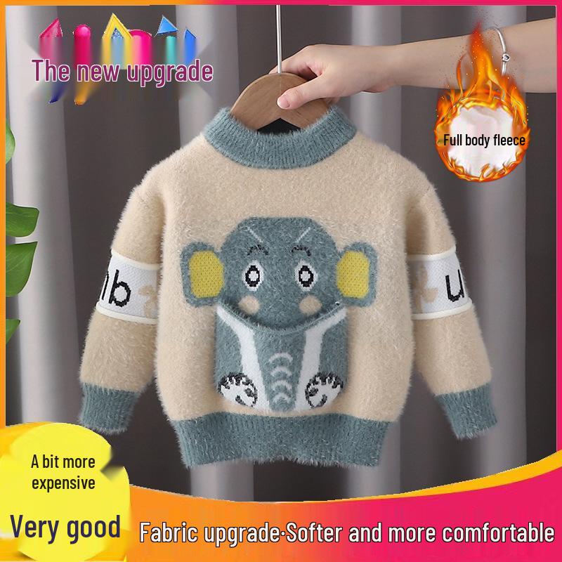 Boys' Autumn/Winter Thick Knit Velvet Sweater, Toddlers & Young Boys, Woolen Outerwear