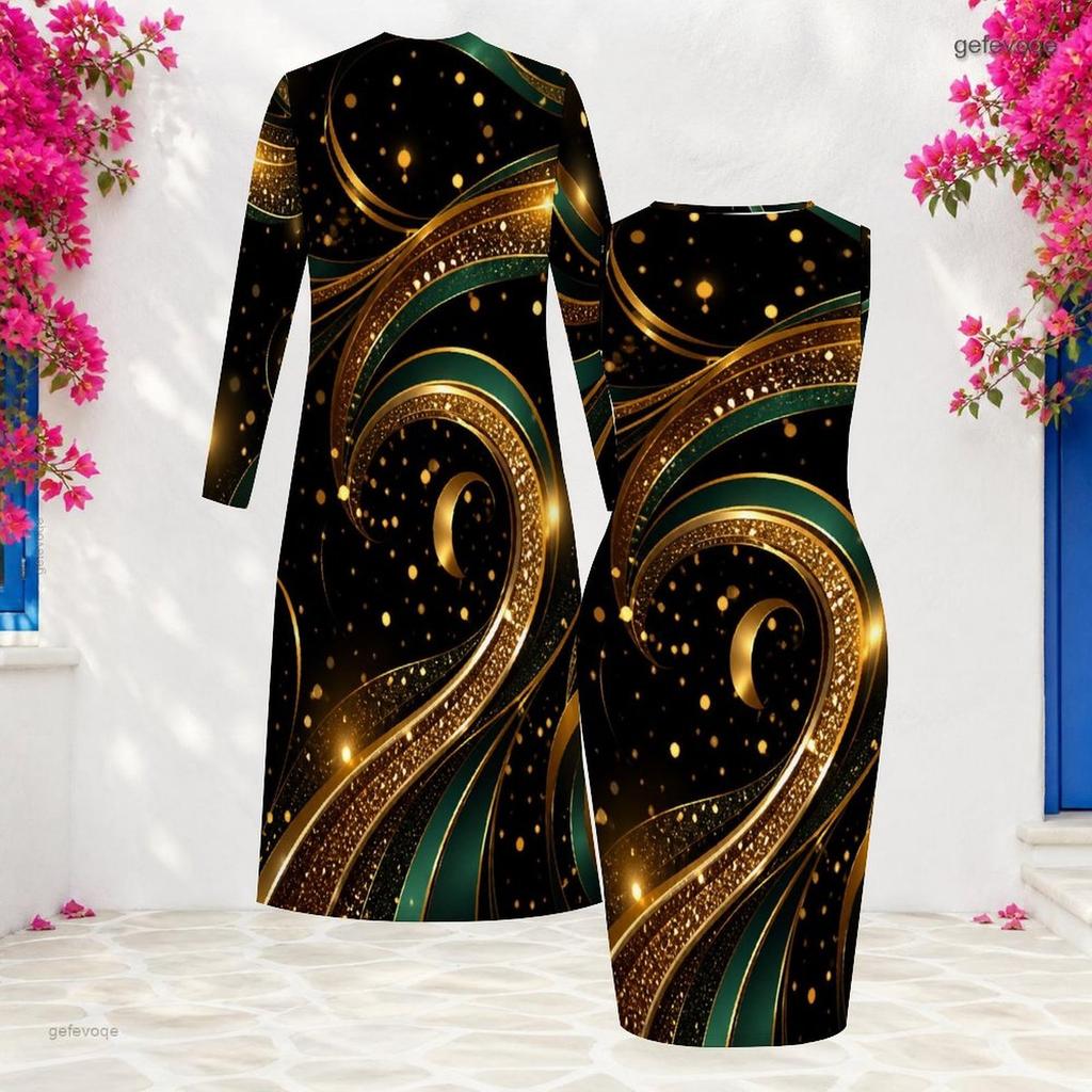 Women Plus Size Black Printed Two Piece Set Long Sleeve Open Front Cardigan Sleeveless Bodycon Dress