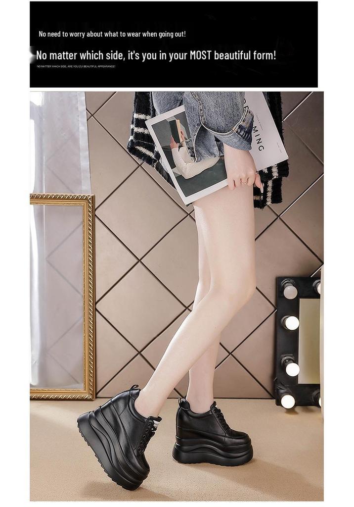 Scarpe Bianche da Donna con Zeppa Nascosta e Suola Spessa - Sneakers Stringate alla Moda Stile Coreano Primavera 2026 Vera Pelle