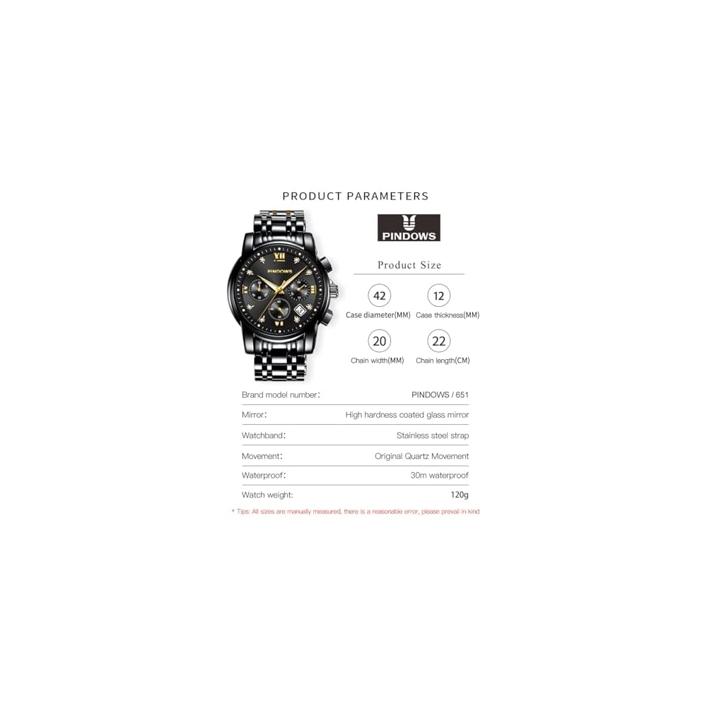 PINDOWS Men's Analog Quartz Watch Diamond Business Dress Waterproof Luminous Date Two-Tone Stainless Steel Band Classic Fashion Watch