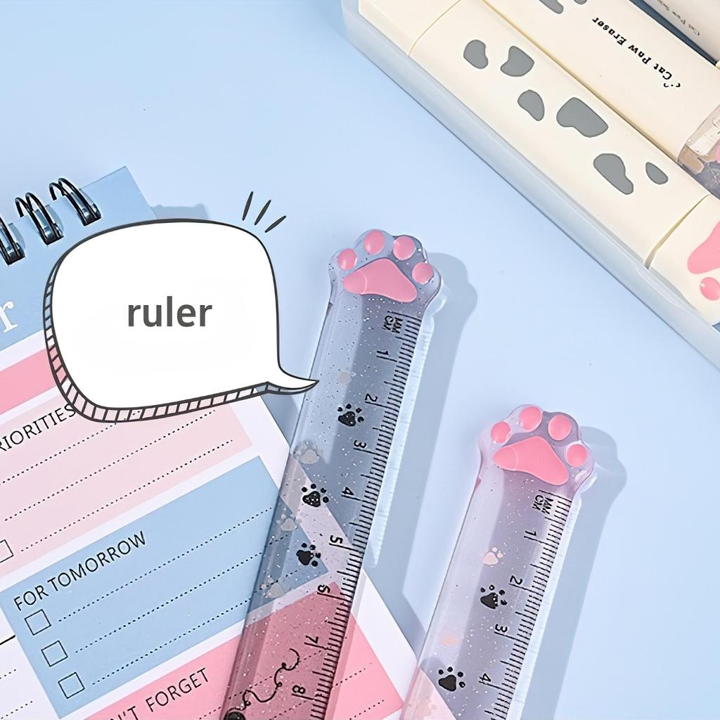 9-delige Kattenpoot Schrijfwaren Doos Set, Vouwschaar & Liniaal & Gum & Correctietape & Lijmtape in Potlooddoos Kinderbeloning