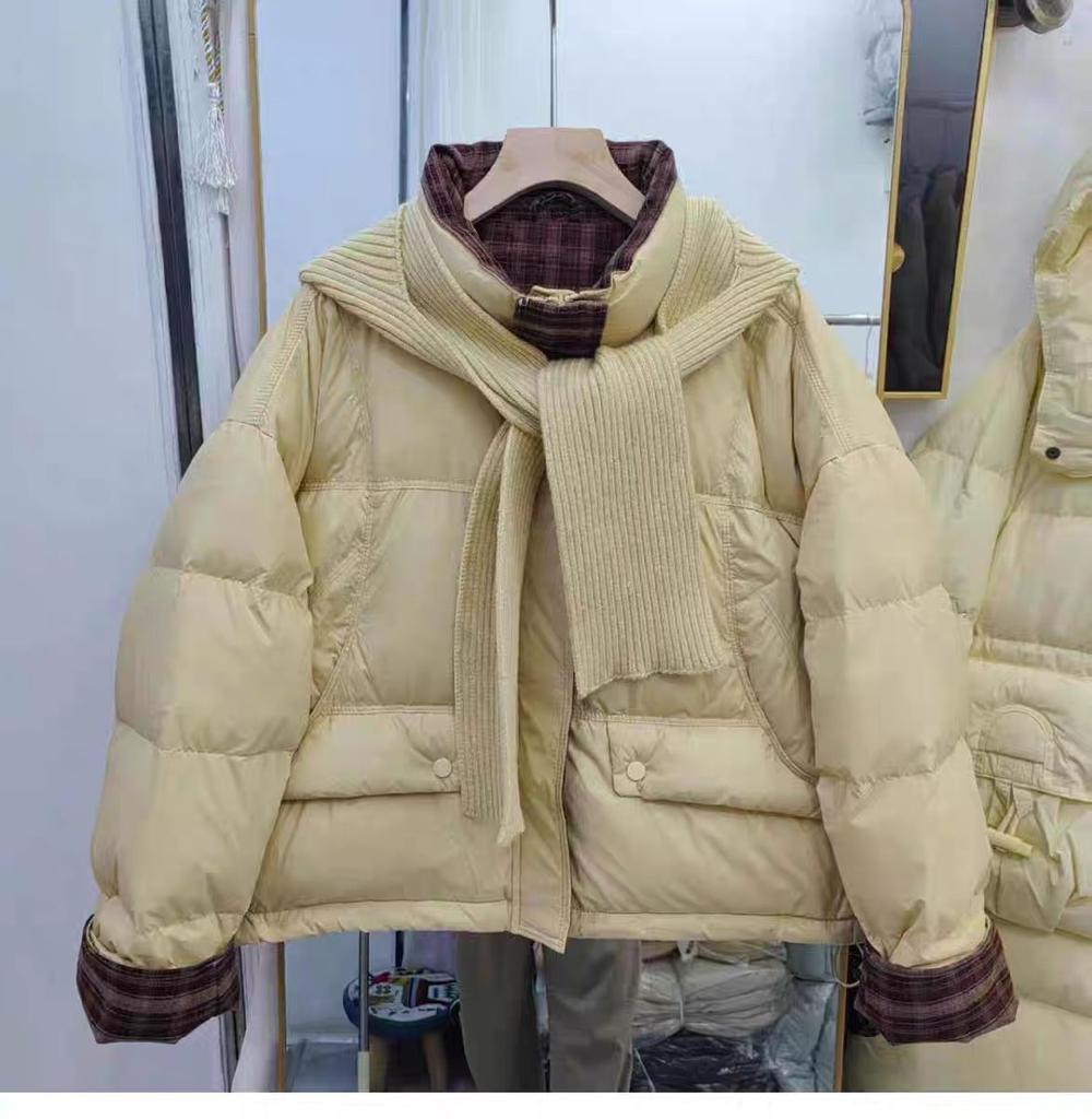Premium stand-up collar short down jacket women's winter retro plaid splicing thickened knitted hat bread jacket