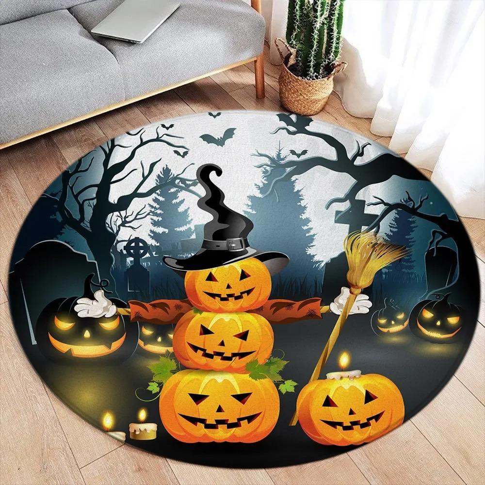 Halloween Themed Round Door Mat with Ghost Pumpkin Cat Skull Patterns Floor Mat for Home Decor Adding Festive Spooky Atmosphere