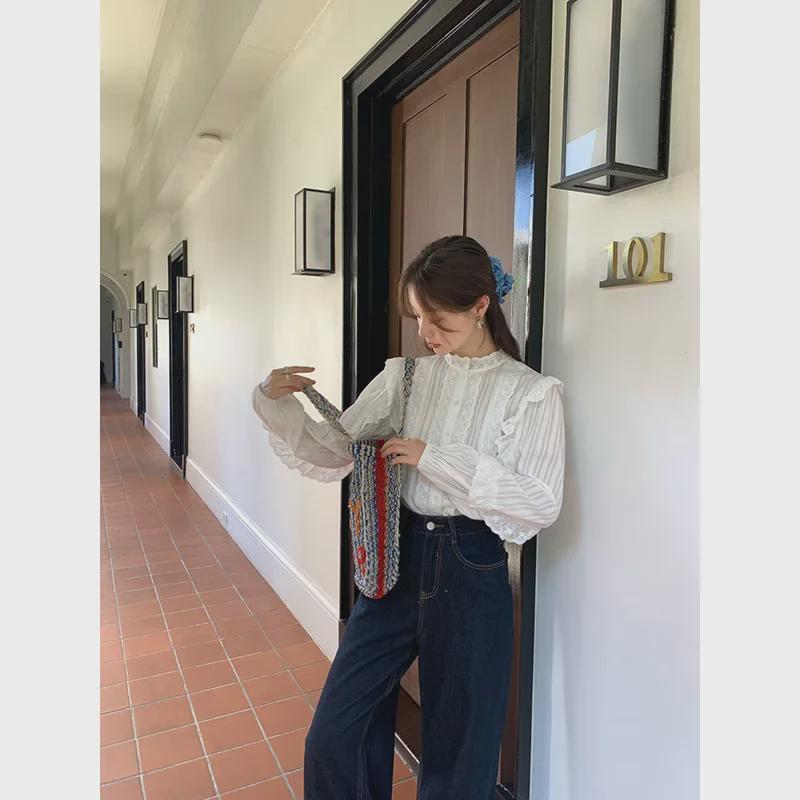 NEWOPEN 2025 Frühes Frühlingshemd im französischen Stil mit Stehkragen und Rüschensaum