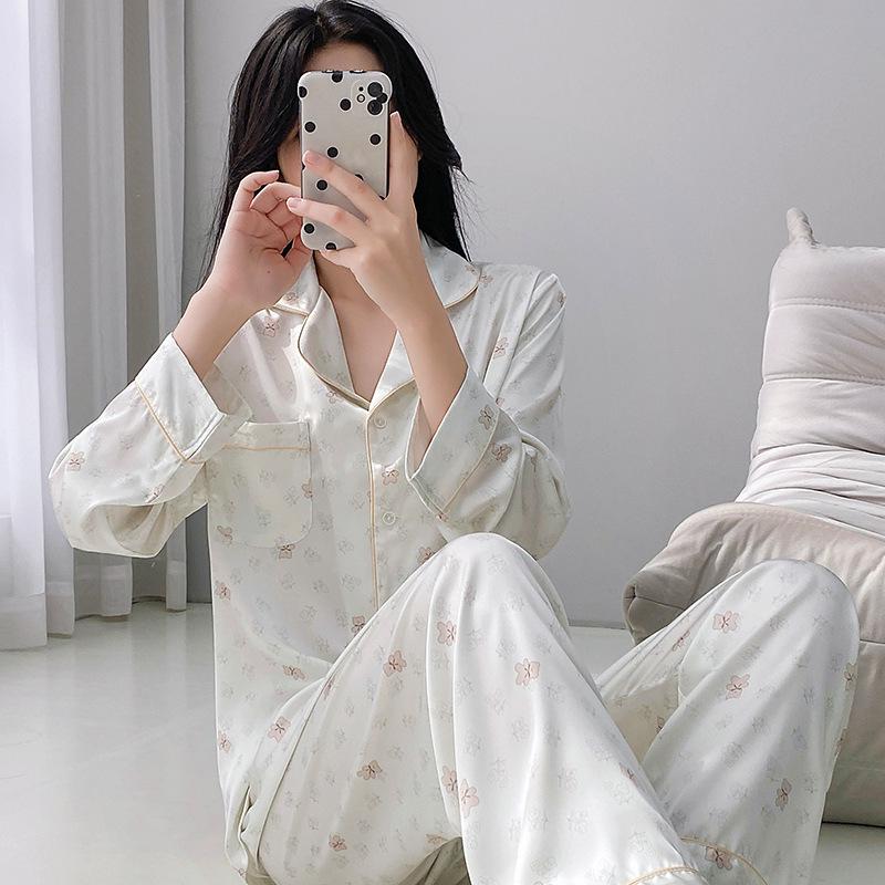 Women's Autumn/Winter Ice Silk Cartoon Pajamas, Korean-Style Sweetheart Set - Long Sleeve & Pants