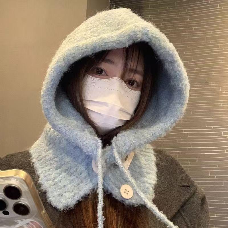Плюшевая балаклава, женская зимняя шерстяная теплая и холодная защита ушей вязаная шапка, головной убор со встроенным шарфом синий