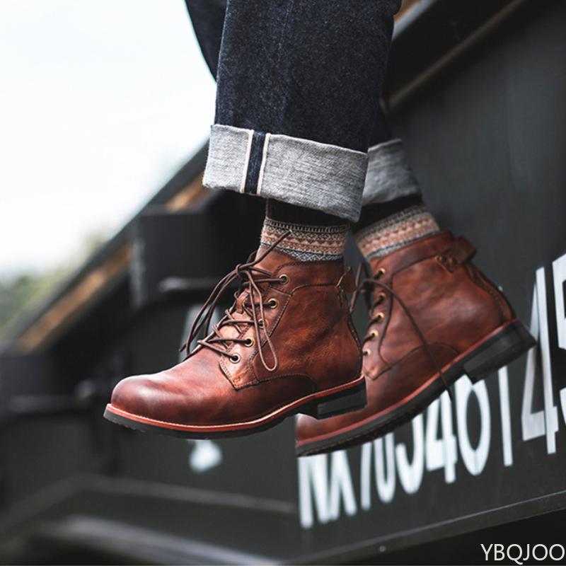 Trendy new Men's workwear boots Retro Fashion Comfort Leather Boots casual Versatile motorcycle boot Male lace up shoes Zapatos