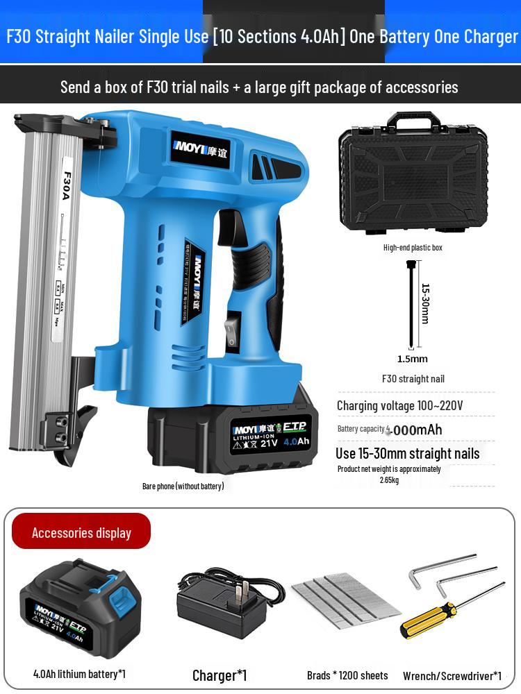 Rechargeable Electric Nail Gun, F30 Brad Nailer & Stapler, with Lithium Battery for Woodworking.