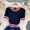 Women Fashion Knitting Sweater Patchwork Dress Short Sleeve Summer Casual Vacation Holiday Midi Sundress