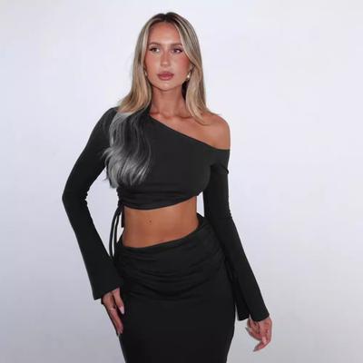 Autumn New Long-sleeved Temperament Solid Color One-shoulder Open-button Top Sexy Shrink Zou Skirt Two-piece Set