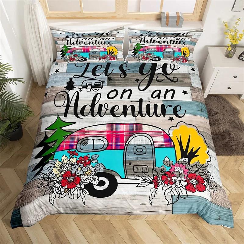 Camper Bedding Set Vintage Cabin Twin Full King Duvet Cover Cartoon Camp Travel Car Quilt Cover Farmhouse Style Comforter Cover