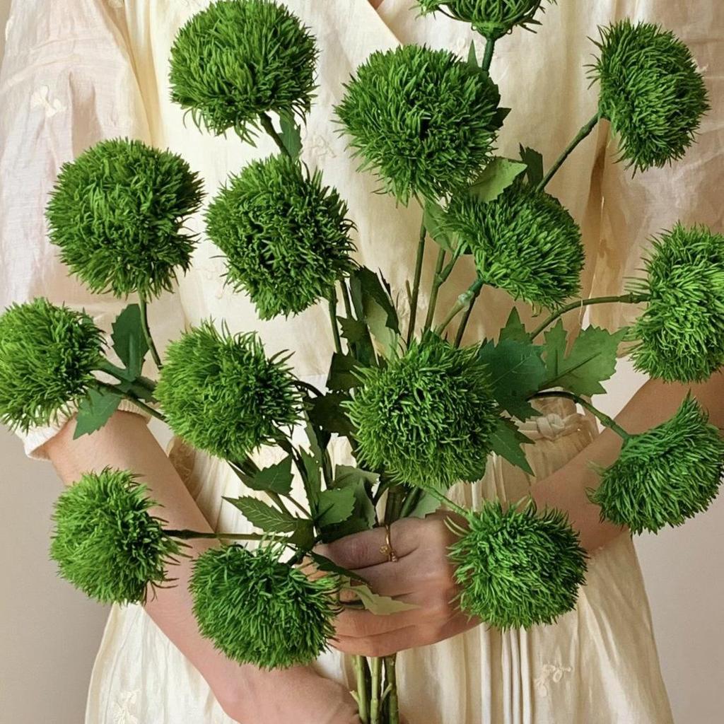 Three-Headed Soft Touch Artificial Green Pom-Pom Flower for Floral Arrangements