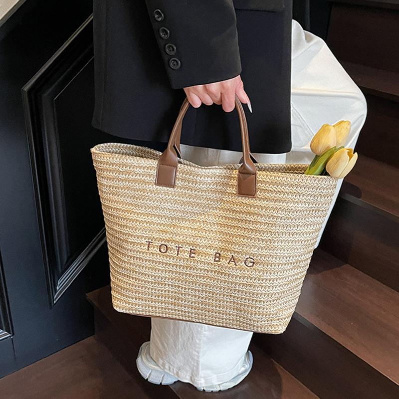 Women Straw Tote Handbag Large Capacity Crochet Beach Shoulder Bag Solid Color Weaving Travel Ladies Summer Daily Bag CLE