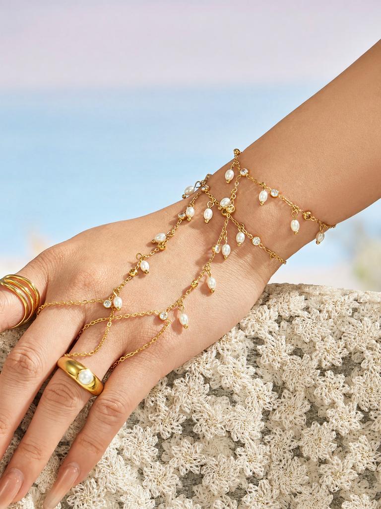 Fashion Niche Imitation Pearl Super Flash Zircon Bracelet Stainless Steel 18k Gold Plated High-end Female Finger Chain