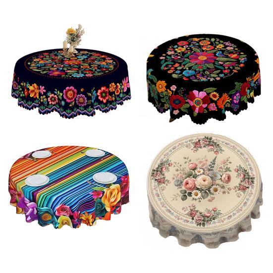 Mexican Floral Tablecloth Round Table Cover with Scalloped Edge Colorful Flower Folk Art Pattern