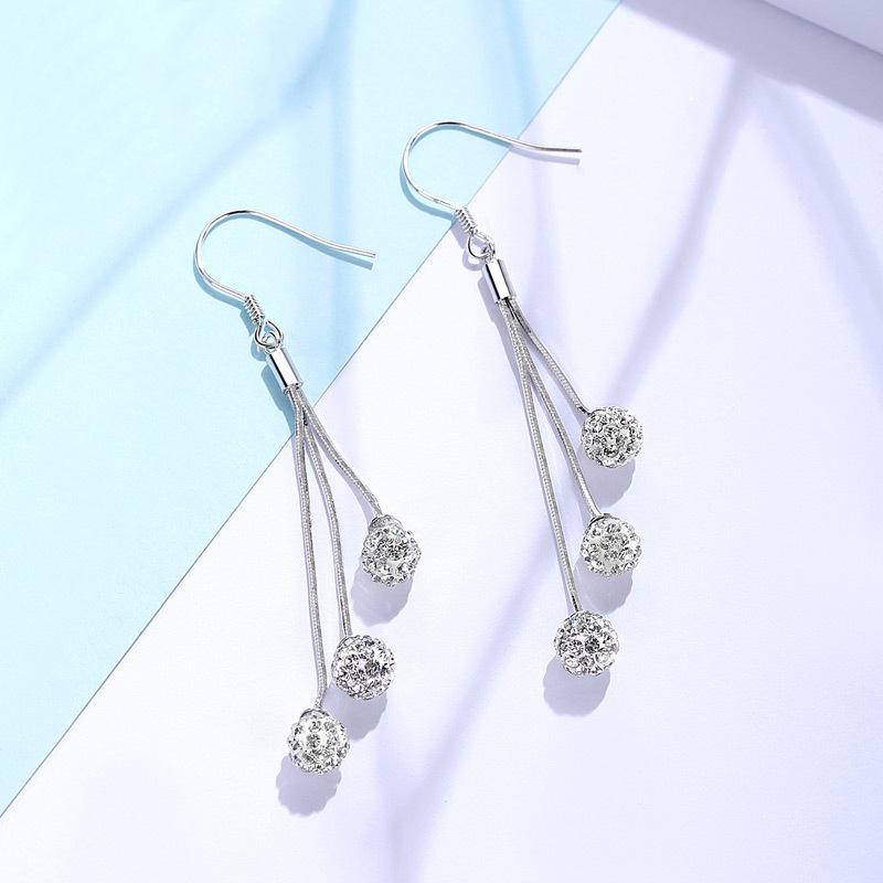 925 Sterling Silver Slim Long Tassel Rhinestone Ball Earrings for Women - Korean Fashion Dangle, Elegant & Versatile