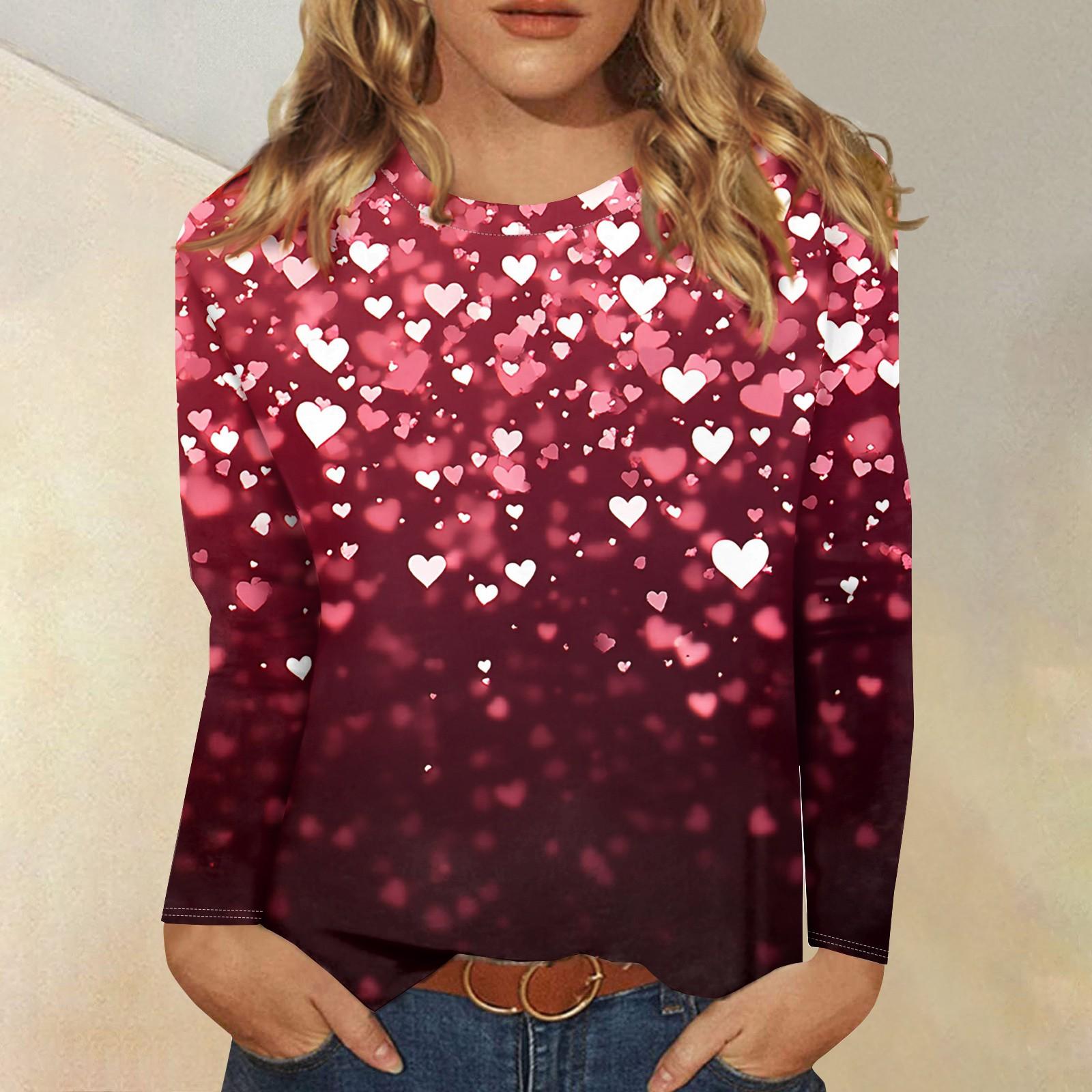 

Рубашки с длинным рукавом для женщин Милые принты Футболки Блузки Повседневные Большие размеры Базовые топы Пуловеры День святого Валентина L