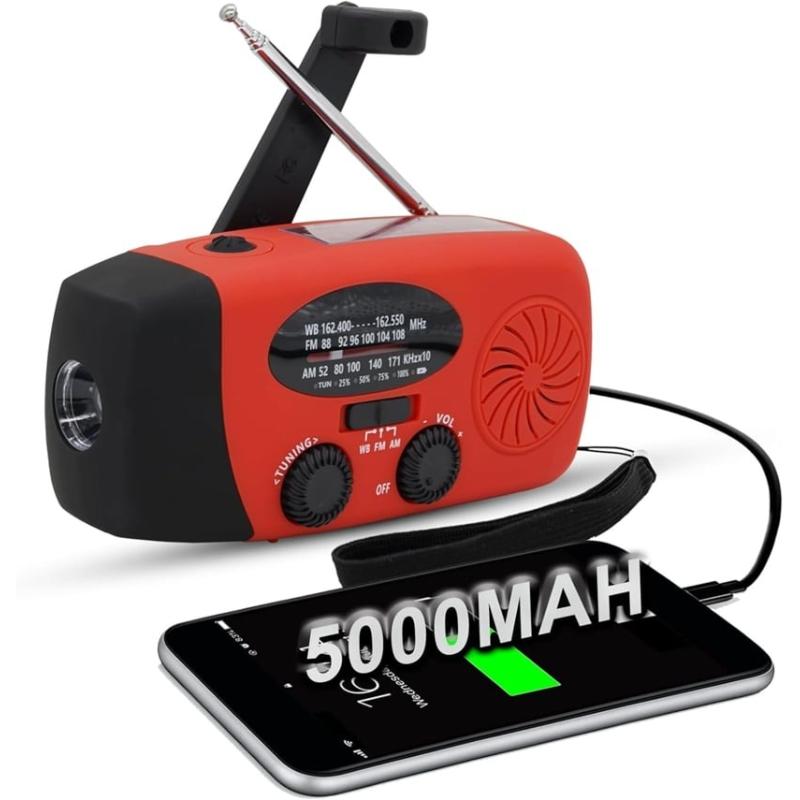 

Аварийное солнечное радио с ручным приводом, светодиодным фонариком и аккумулятором 5000 мАч - Красный красный